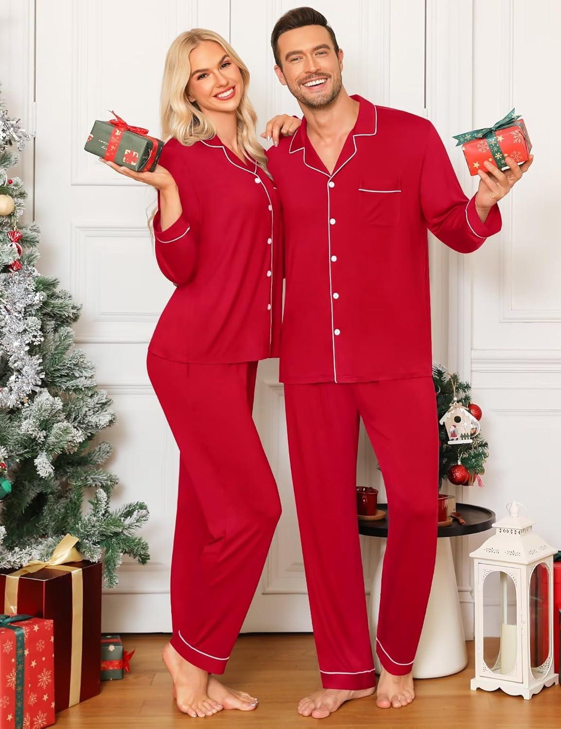 imageSWOMOG Matching Couple Christmas Pajamas Set Modal Long Sleeve ButtonDown Sleepwear Family Festival Party Xmas PJs SetsRed Solid