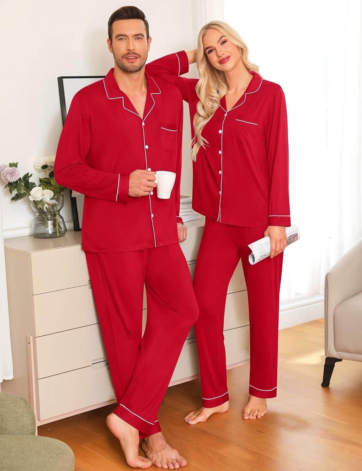imageSWOMOG Matching Couple Christmas Pajamas Set Modal Long Sleeve ButtonDown Sleepwear Family Festival Party Xmas PJs SetsRed Solid