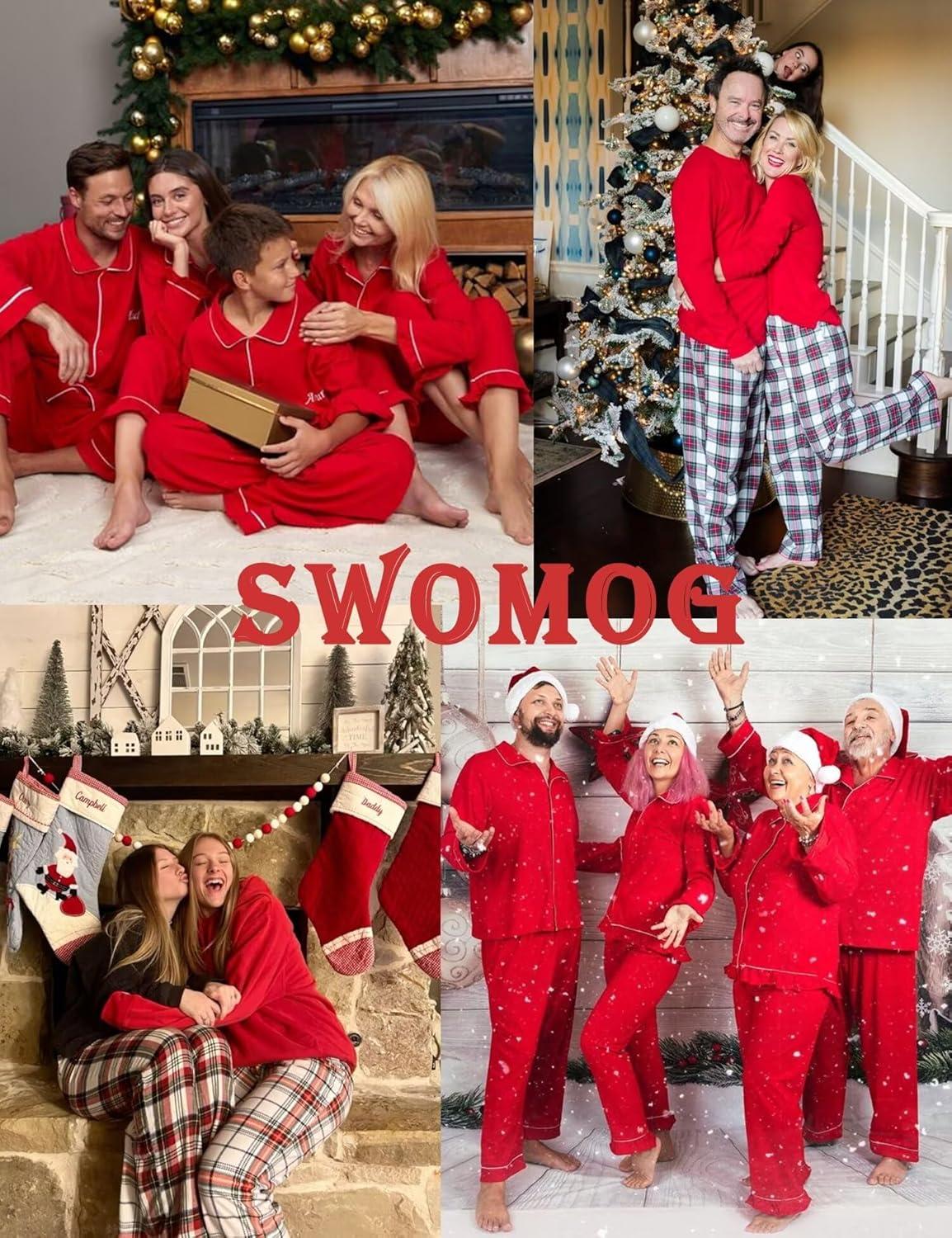 imageSWOMOG Matching Couple Christmas Pajamas Set Modal Long Sleeve ButtonDown Sleepwear Family Festival Party Xmas PJs SetsRed Solid