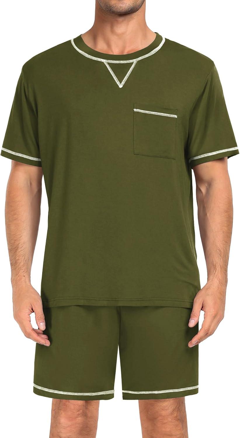 imageSWOMOG Men Modal Pajamas Set Comfy Sleepwear Short Sleeve Pjs Set Soft 2 Piece Lounge Set Cozy Nightwear with PocketsArmy Green