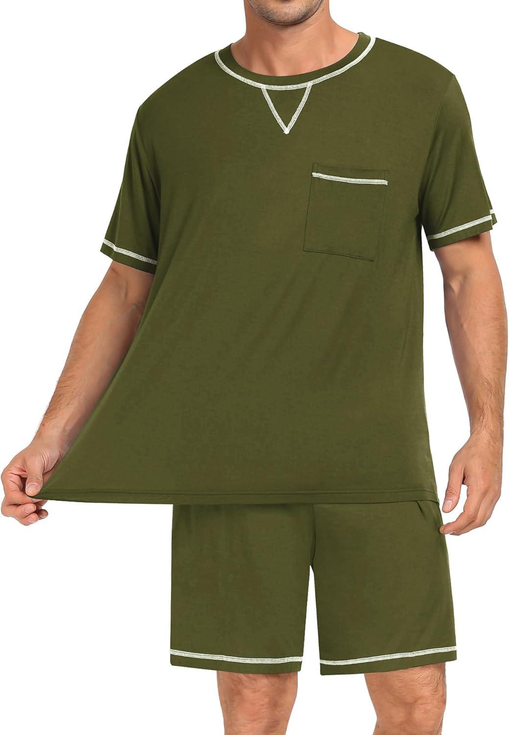 imageSWOMOG Men Modal Pajamas Set Comfy Sleepwear Short Sleeve Pjs Set Soft 2 Piece Lounge Set Cozy Nightwear with PocketsArmy Green