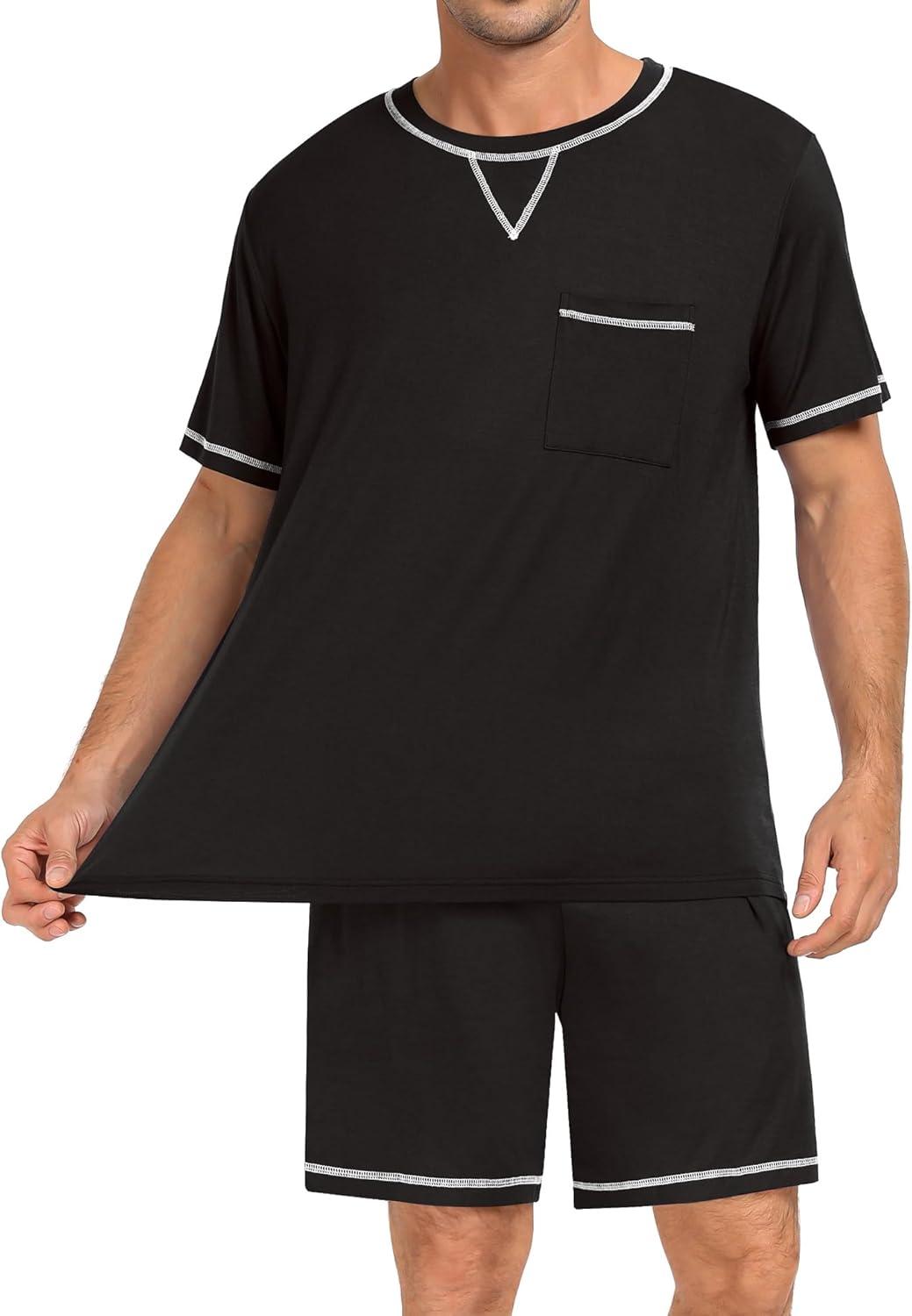 imageSWOMOG Men Modal Pajamas Set Comfy Sleepwear Short Sleeve Pjs Set Soft 2 Piece Lounge Set Cozy Nightwear with PocketsBlack