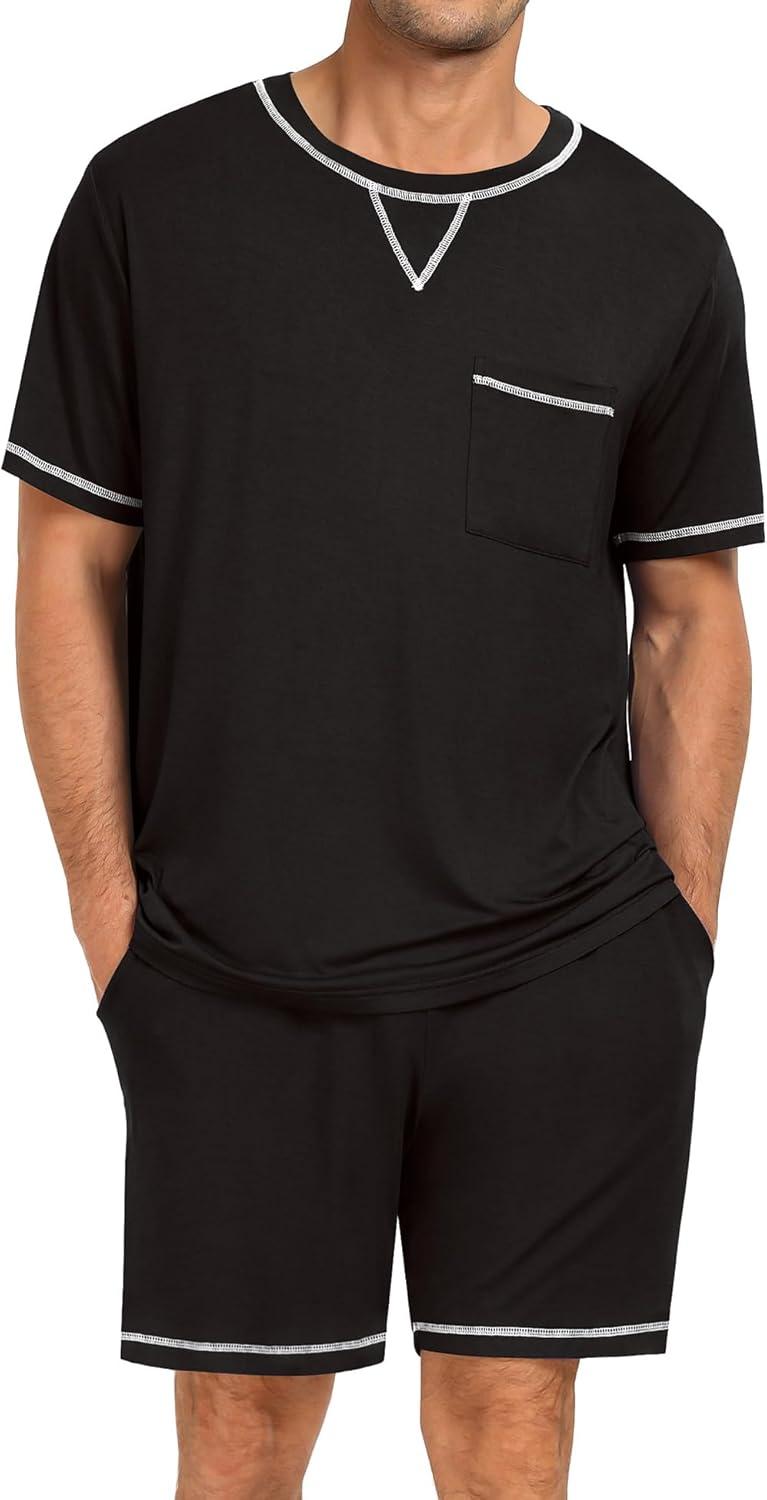 imageSWOMOG Men Modal Pajamas Set Comfy Sleepwear Short Sleeve Pjs Set Soft 2 Piece Lounge Set Cozy Nightwear with PocketsBlack