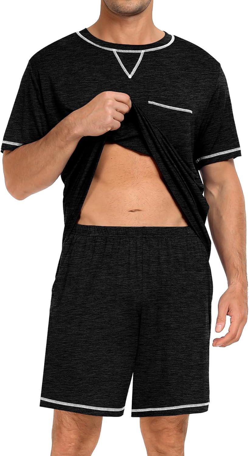 imageSWOMOG Men Modal Pajamas Set Comfy Sleepwear Short Sleeve Pjs Set Soft 2 Piece Lounge Set Cozy Nightwear with PocketsBlecked Black