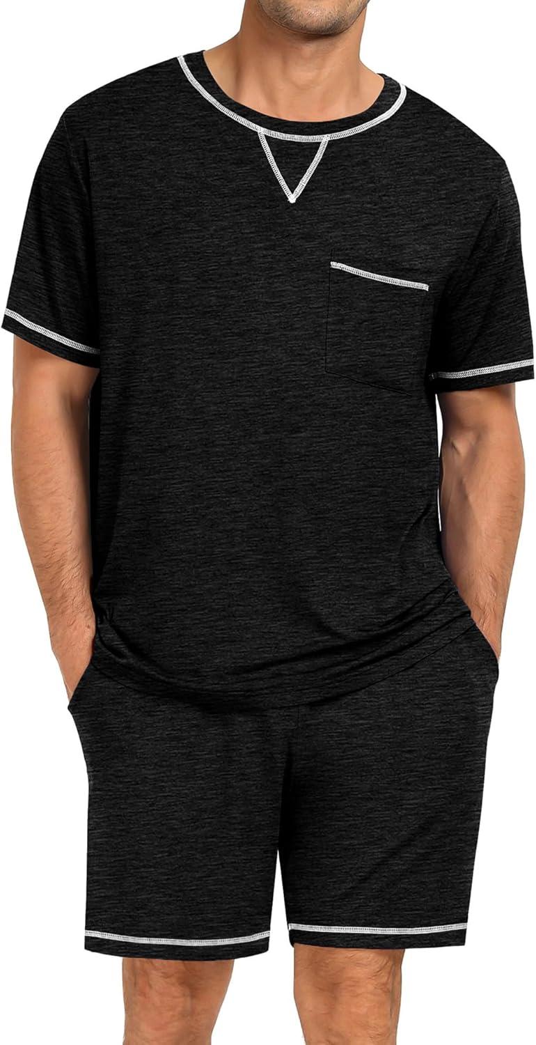 imageSWOMOG Men Modal Pajamas Set Comfy Sleepwear Short Sleeve Pjs Set Soft 2 Piece Lounge Set Cozy Nightwear with PocketsBlecked Black