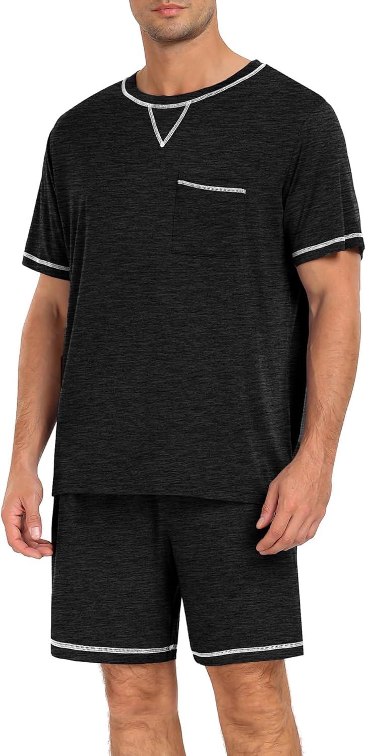 imageSWOMOG Men Modal Pajamas Set Comfy Sleepwear Short Sleeve Pjs Set Soft 2 Piece Lounge Set Cozy Nightwear with PocketsBlecked Black