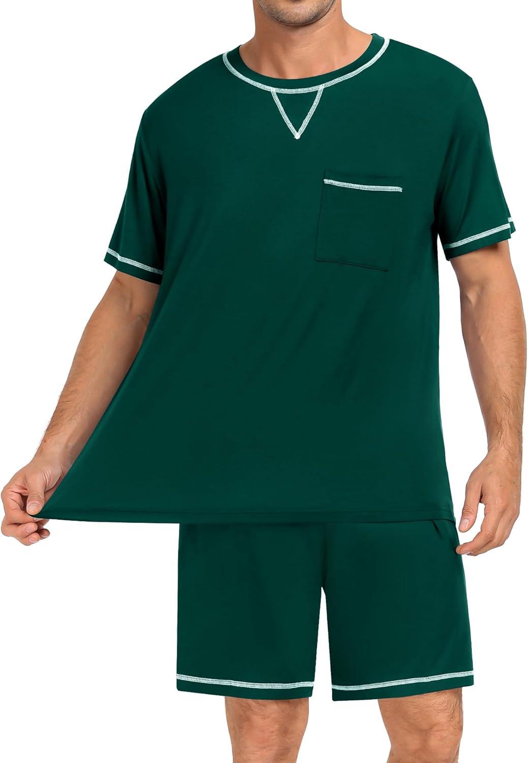 imageSWOMOG Men Modal Pajamas Set Comfy Sleepwear Short Sleeve Pjs Set Soft 2 Piece Lounge Set Cozy Nightwear with PocketsDeep Green