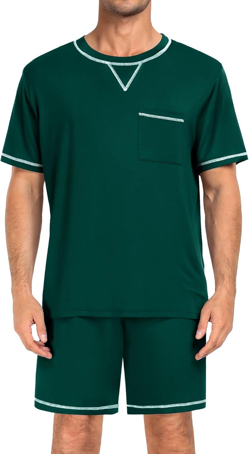 imageSWOMOG Men Modal Pajamas Set Comfy Sleepwear Short Sleeve Pjs Set Soft 2 Piece Lounge Set Cozy Nightwear with PocketsDeep Green
