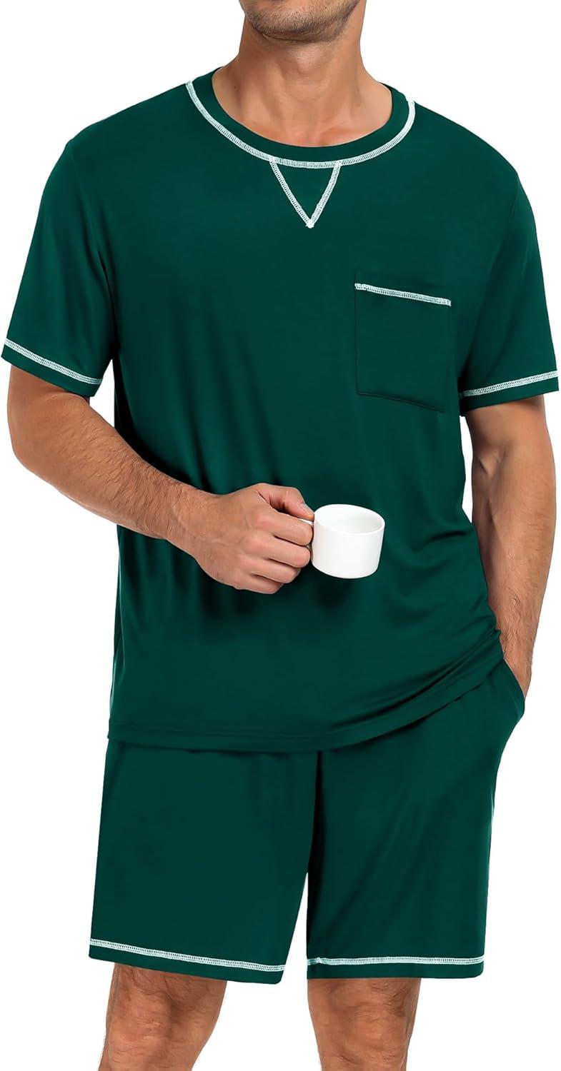 imageSWOMOG Men Modal Pajamas Set Comfy Sleepwear Short Sleeve Pjs Set Soft 2 Piece Lounge Set Cozy Nightwear with PocketsDeep Green