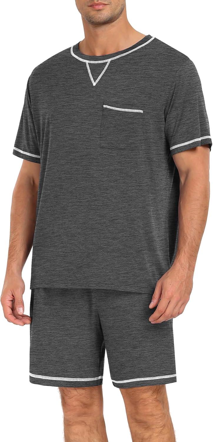 imageSWOMOG Men Modal Pajamas Set Comfy Sleepwear Short Sleeve Pjs Set Soft 2 Piece Lounge Set Cozy Nightwear with PocketsDeep Grey