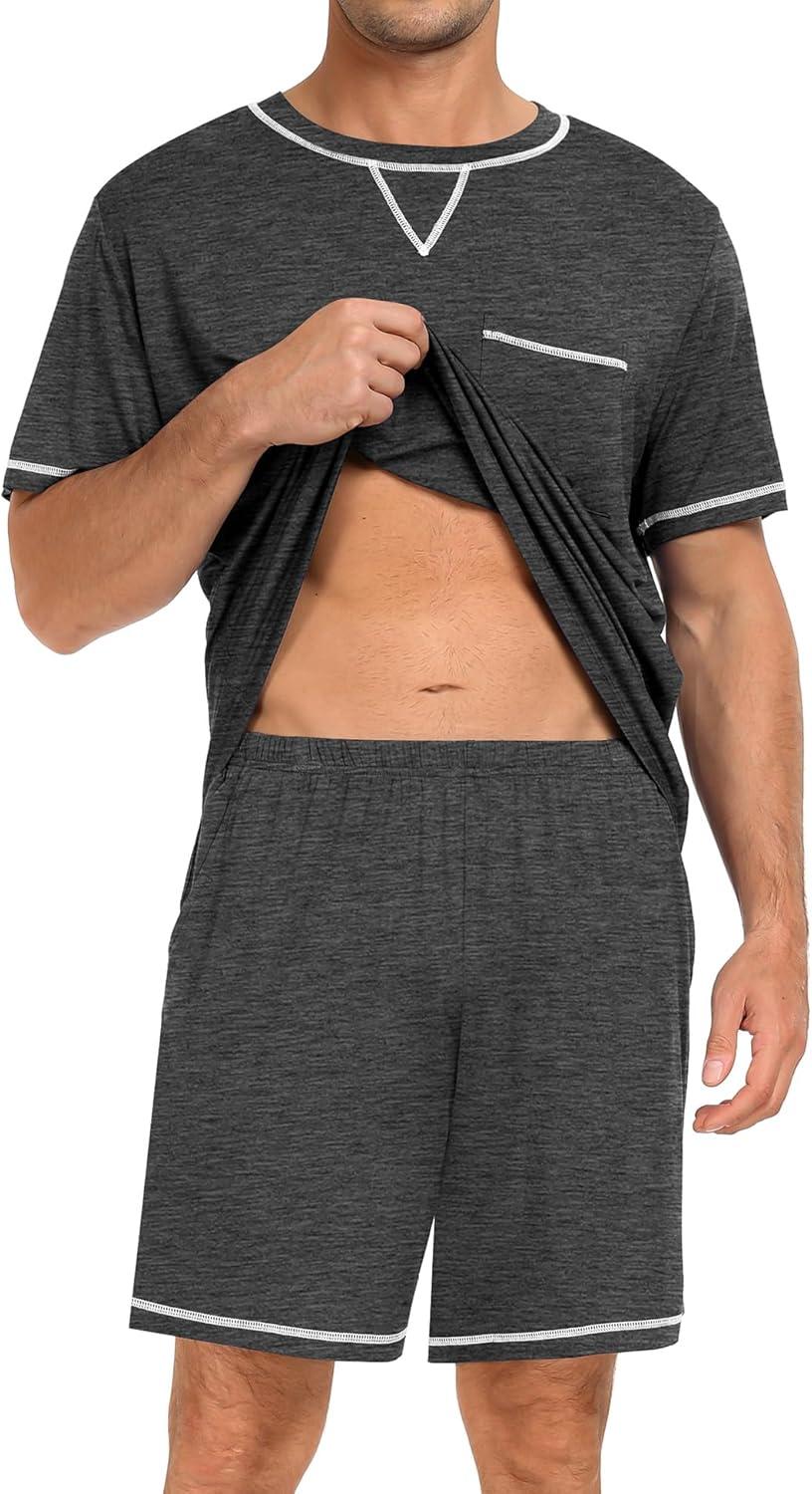 imageSWOMOG Men Modal Pajamas Set Comfy Sleepwear Short Sleeve Pjs Set Soft 2 Piece Lounge Set Cozy Nightwear with PocketsDeep Grey