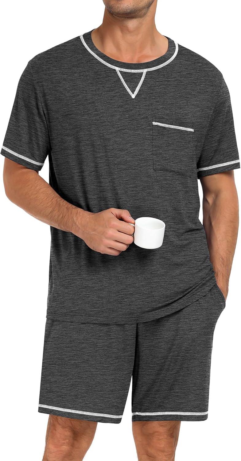 imageSWOMOG Men Modal Pajamas Set Comfy Sleepwear Short Sleeve Pjs Set Soft 2 Piece Lounge Set Cozy Nightwear with PocketsDeep Grey