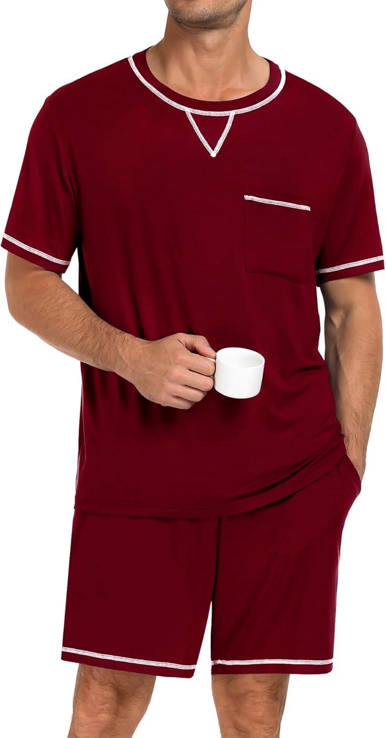 imageSWOMOG Men Modal Pajamas Set Comfy Sleepwear Short Sleeve Pjs Set Soft 2 Piece Lounge Set Cozy Nightwear with PocketsDeep Wine Red