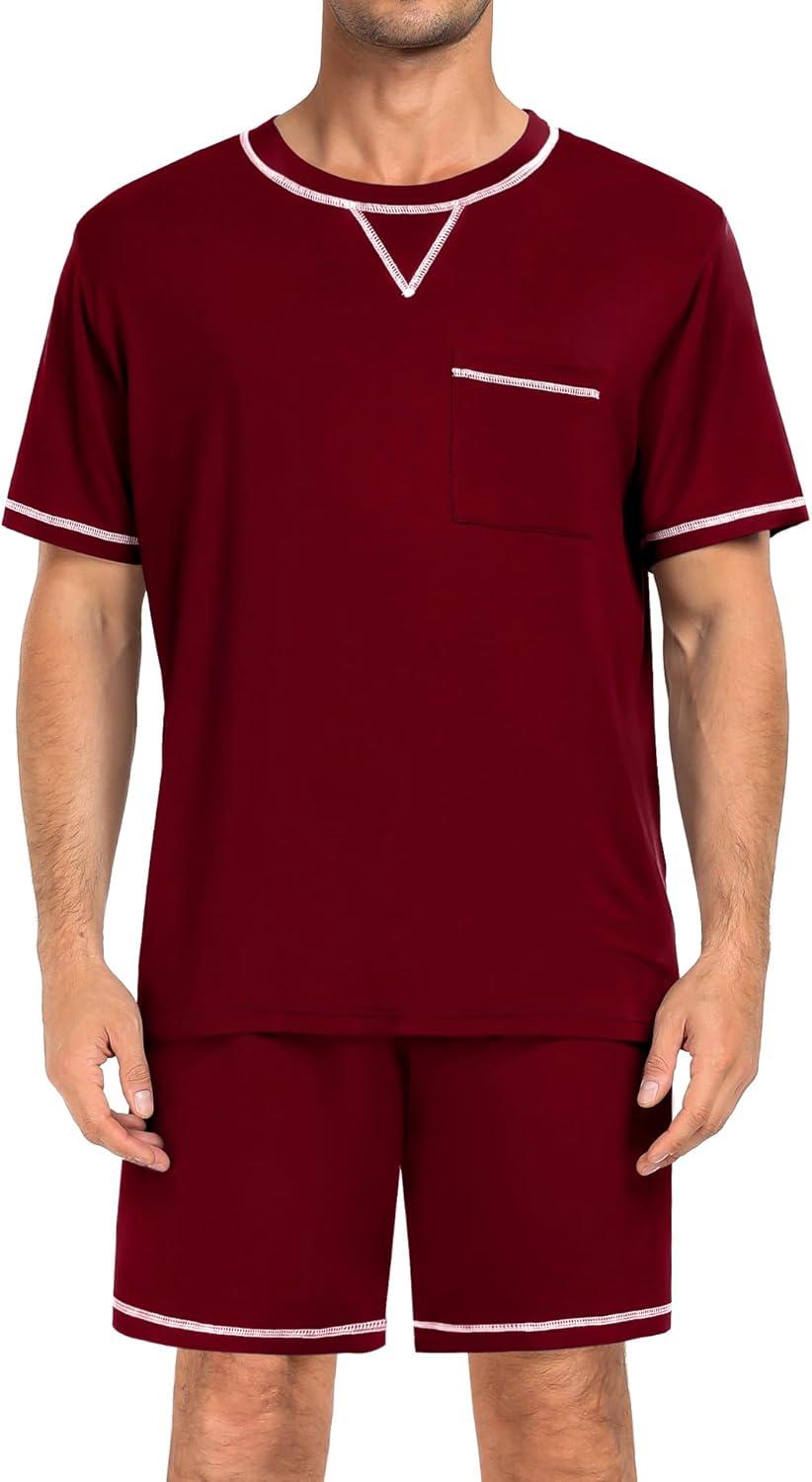 imageSWOMOG Men Modal Pajamas Set Comfy Sleepwear Short Sleeve Pjs Set Soft 2 Piece Lounge Set Cozy Nightwear with PocketsDeep Wine Red