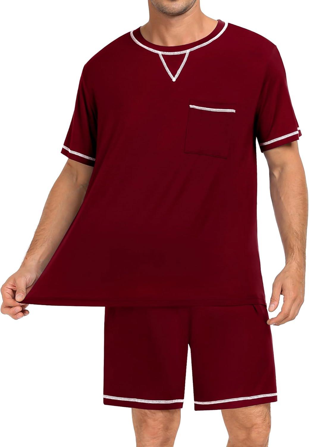imageSWOMOG Men Modal Pajamas Set Comfy Sleepwear Short Sleeve Pjs Set Soft 2 Piece Lounge Set Cozy Nightwear with PocketsDeep Wine Red