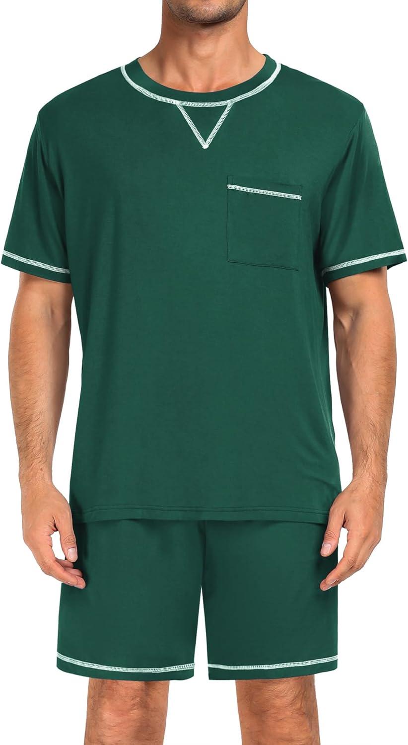 imageSWOMOG Men Modal Pajamas Set Comfy Sleepwear Short Sleeve Pjs Set Soft 2 Piece Lounge Set Cozy Nightwear with PocketsGreen