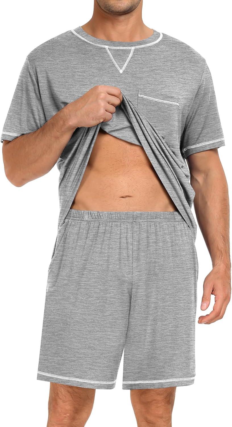 imageSWOMOG Men Modal Pajamas Set Comfy Sleepwear Short Sleeve Pjs Set Soft 2 Piece Lounge Set Cozy Nightwear with PocketsGrey