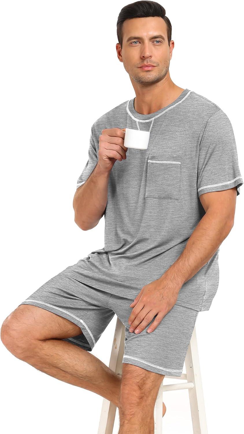 imageSWOMOG Men Modal Pajamas Set Comfy Sleepwear Short Sleeve Pjs Set Soft 2 Piece Lounge Set Cozy Nightwear with PocketsGrey