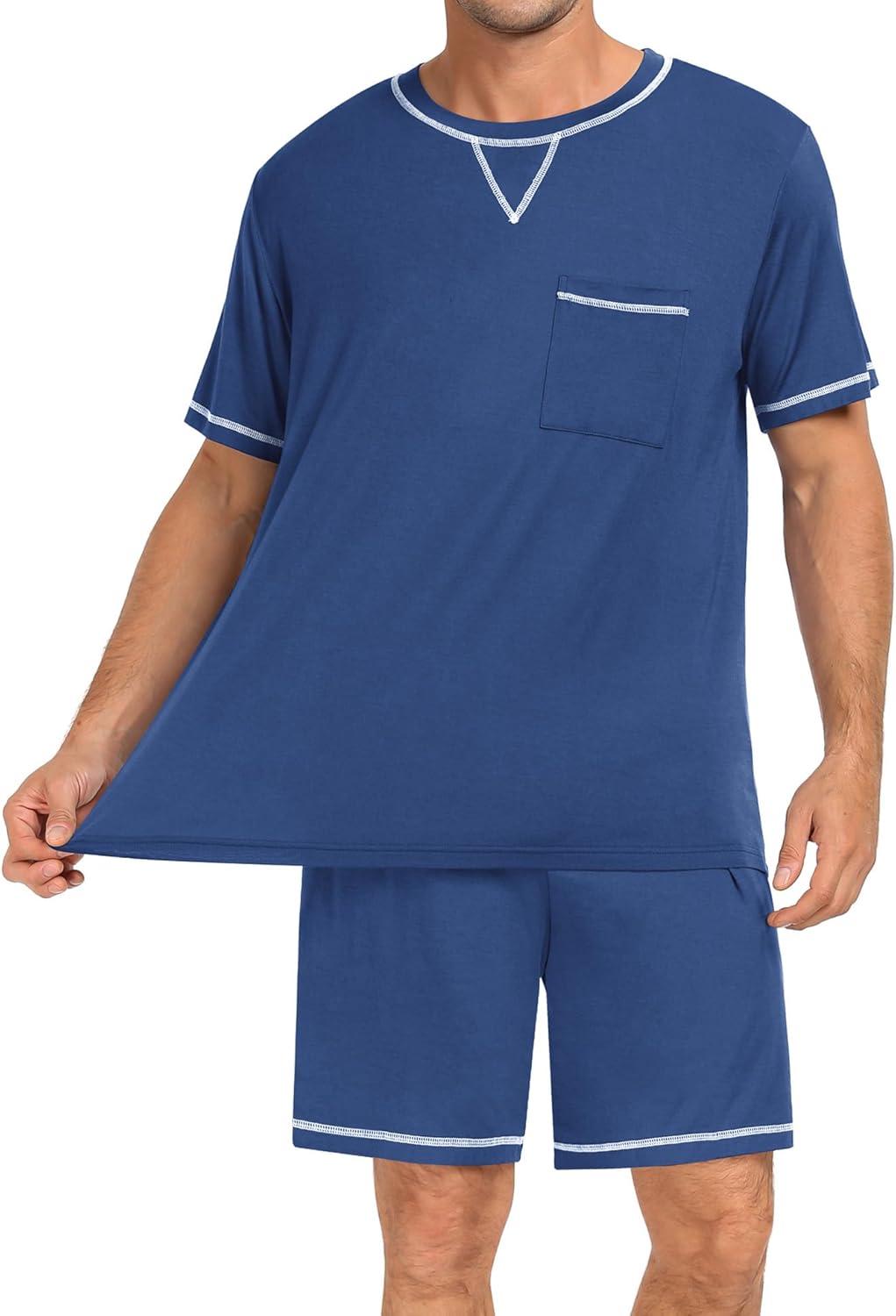 imageSWOMOG Men Modal Pajamas Set Comfy Sleepwear Short Sleeve Pjs Set Soft 2 Piece Lounge Set Cozy Nightwear with PocketsNavy
