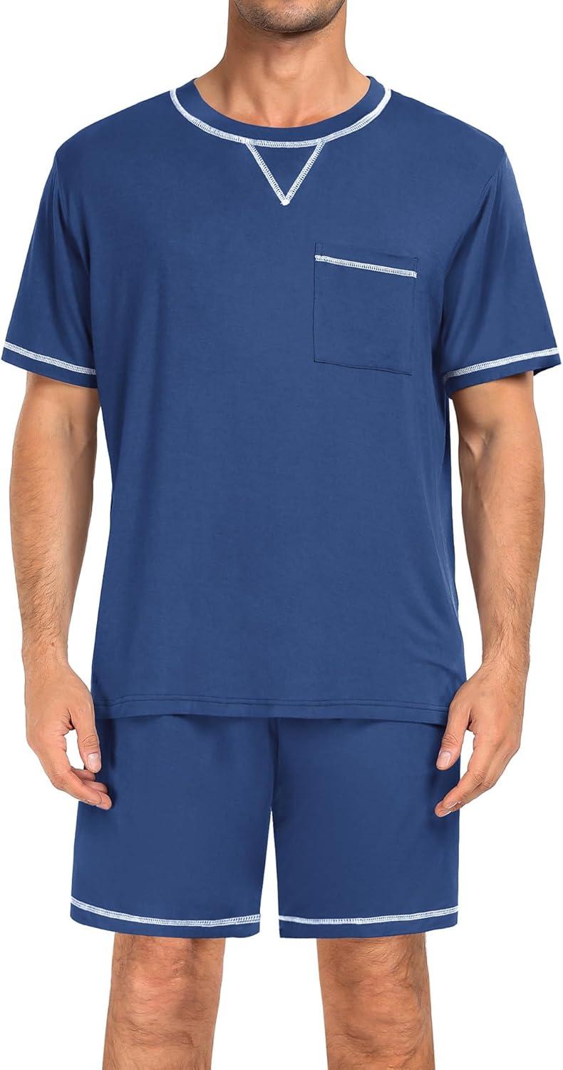 imageSWOMOG Men Modal Pajamas Set Comfy Sleepwear Short Sleeve Pjs Set Soft 2 Piece Lounge Set Cozy Nightwear with PocketsNavy