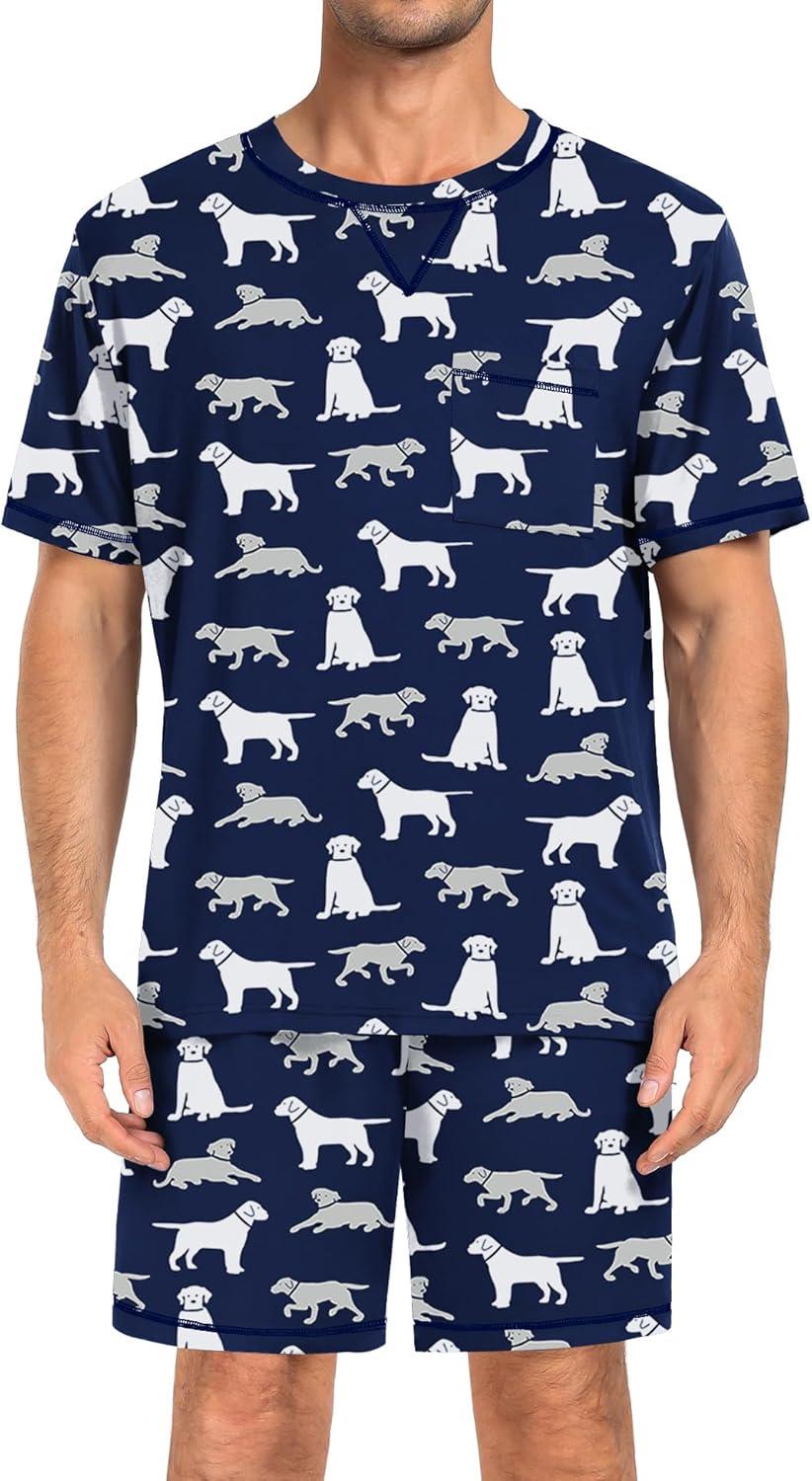 imageSWOMOG Men Modal Pajamas Set Comfy Sleepwear Short Sleeve Pjs Set Soft 2 Piece Lounge Set Cozy Nightwear with PocketsNavy Blue Dogs