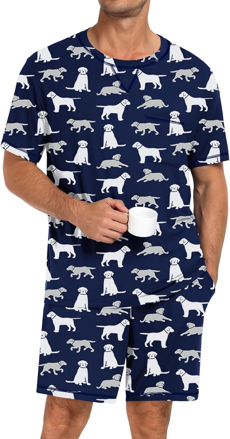 imageSWOMOG Men Modal Pajamas Set Comfy Sleepwear Short Sleeve Pjs Set Soft 2 Piece Lounge Set Cozy Nightwear with PocketsNavy Blue Dogs
