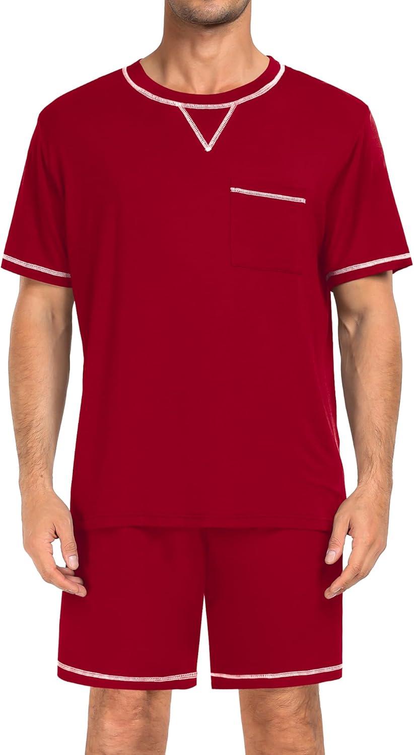 imageSWOMOG Men Modal Pajamas Set Comfy Sleepwear Short Sleeve Pjs Set Soft 2 Piece Lounge Set Cozy Nightwear with PocketsRed