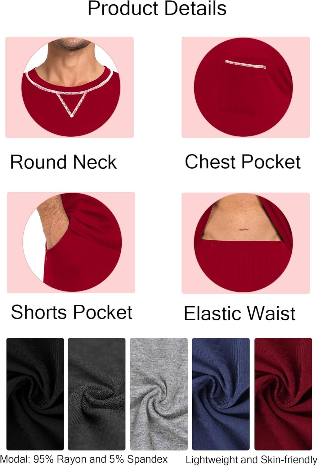 imageSWOMOG Men Modal Pajamas Set Comfy Sleepwear Short Sleeve Pjs Set Soft 2 Piece Lounge Set Cozy Nightwear with PocketsRed