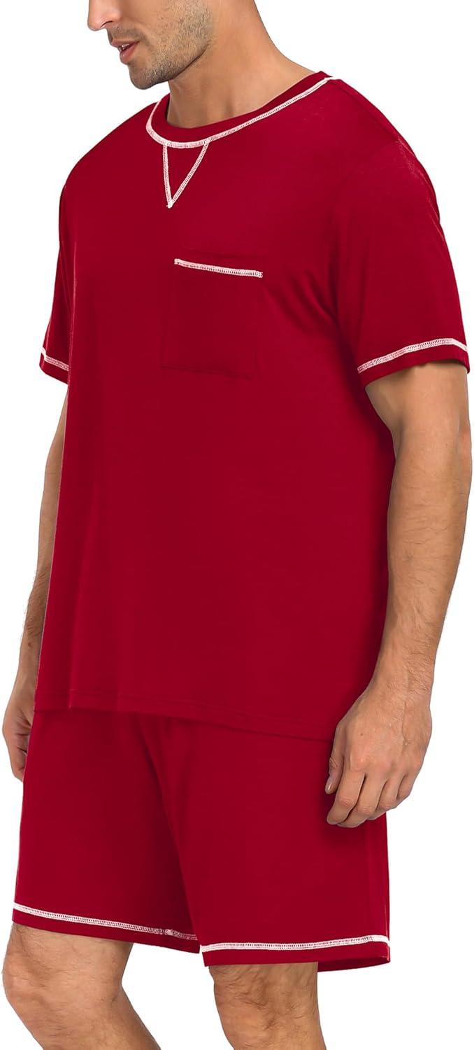 imageSWOMOG Men Modal Pajamas Set Comfy Sleepwear Short Sleeve Pjs Set Soft 2 Piece Lounge Set Cozy Nightwear with PocketsRed
