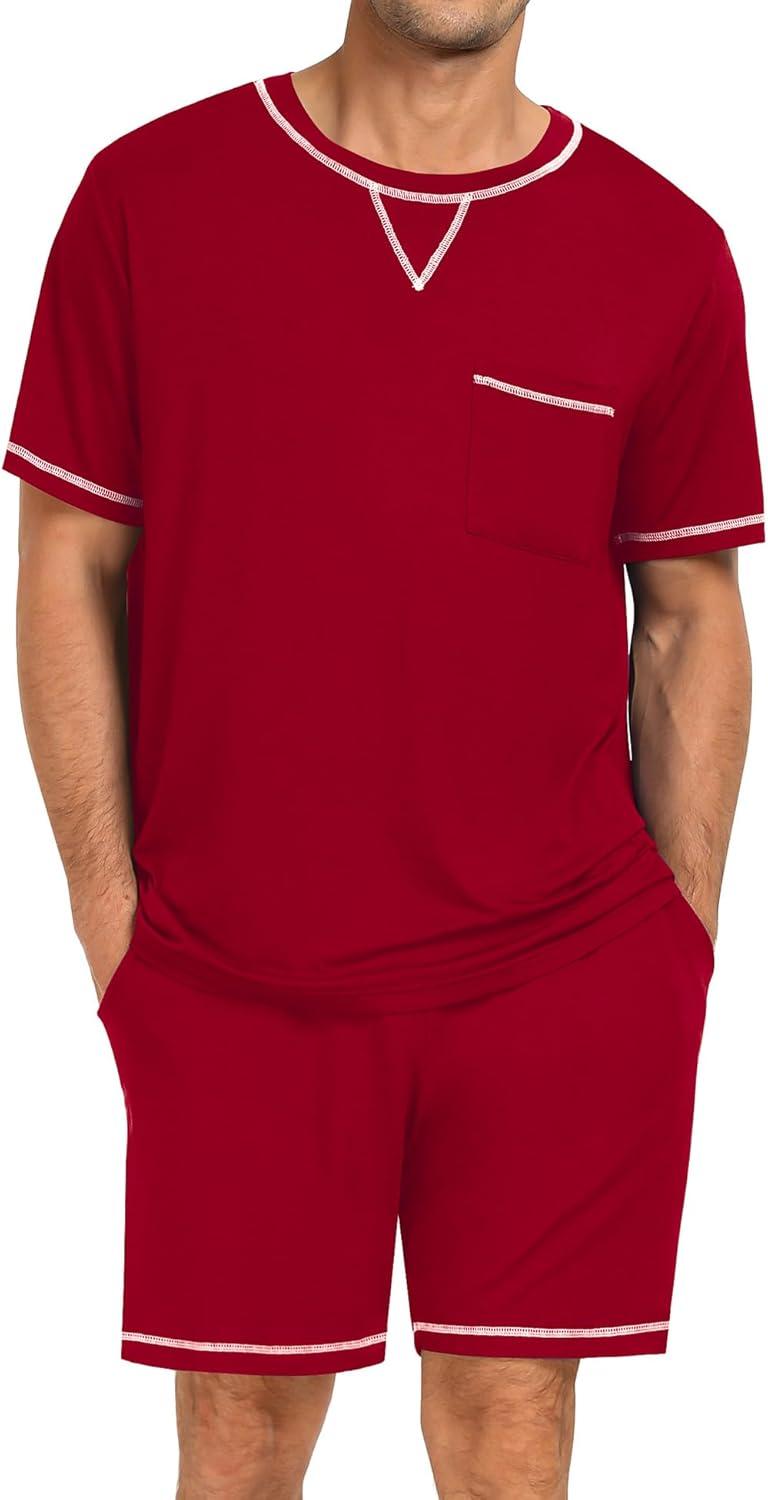 imageSWOMOG Men Modal Pajamas Set Comfy Sleepwear Short Sleeve Pjs Set Soft 2 Piece Lounge Set Cozy Nightwear with PocketsRed