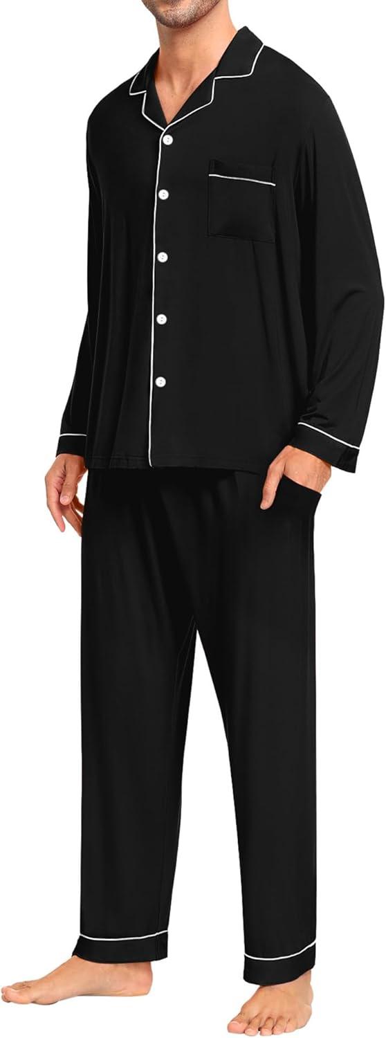 imageSWOMOG Men Pajamas Set Comfy Modal Pjs Button Down Sleepwear 2 Piece Long Sleeve Lounge Set Soft Nightwear with PocketsBlack