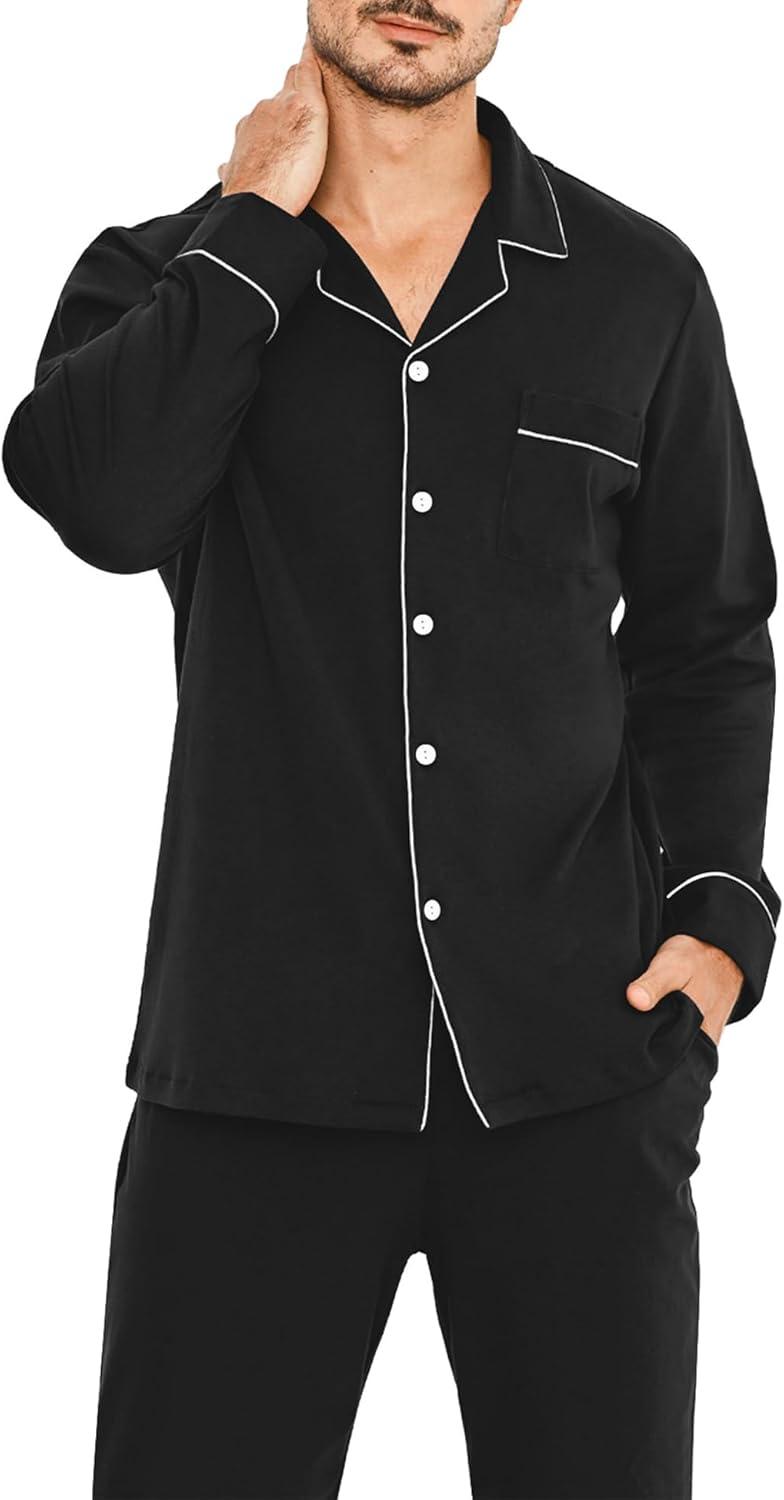 imageSWOMOG Men Pajamas Set Comfy Modal Pjs Button Down Sleepwear 2 Piece Long Sleeve Lounge Set Soft Nightwear with PocketsBlack
