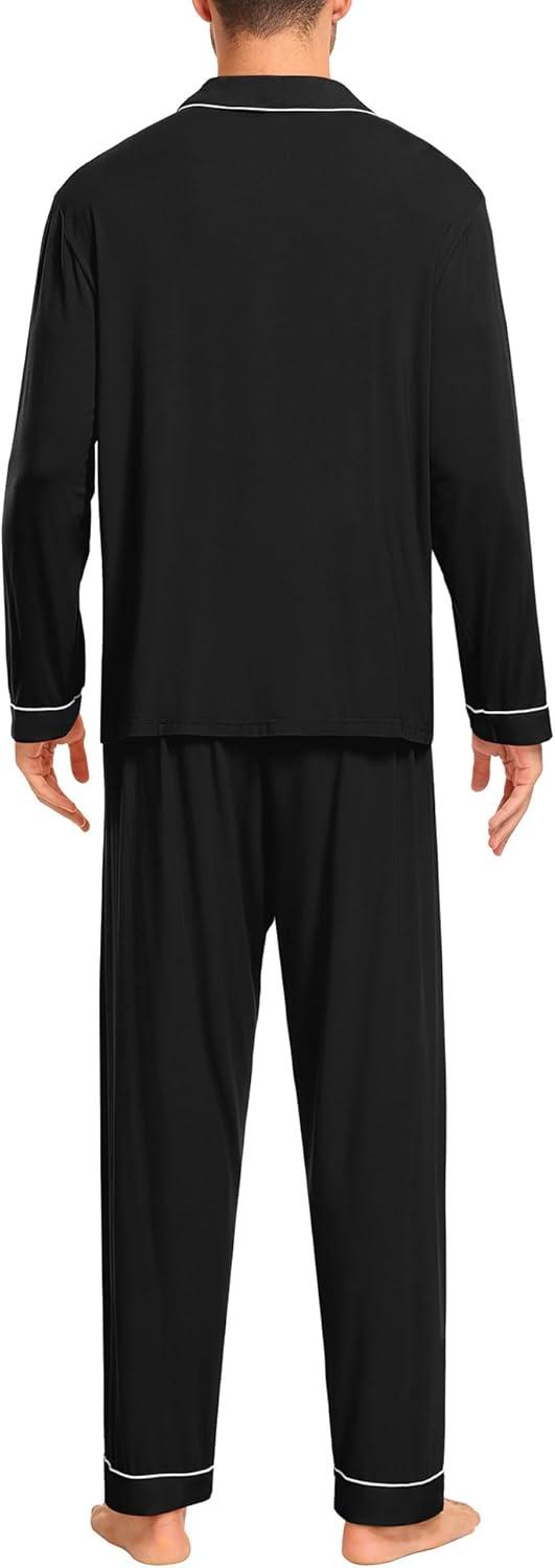 imageSWOMOG Men Pajamas Set Comfy Modal Pjs Button Down Sleepwear 2 Piece Long Sleeve Lounge Set Soft Nightwear with PocketsBlack