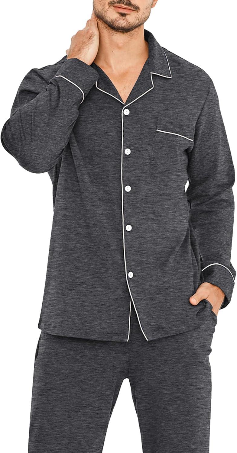 imageSWOMOG Men Pajamas Set Comfy Modal Pjs Button Down Sleepwear 2 Piece Long Sleeve Lounge Set Soft Nightwear with PocketsDeep Grey