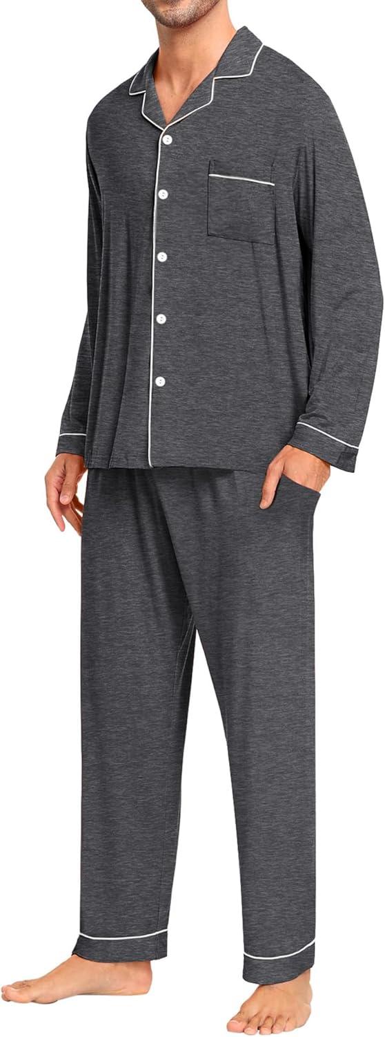 imageSWOMOG Men Pajamas Set Comfy Modal Pjs Button Down Sleepwear 2 Piece Long Sleeve Lounge Set Soft Nightwear with PocketsDeep Grey