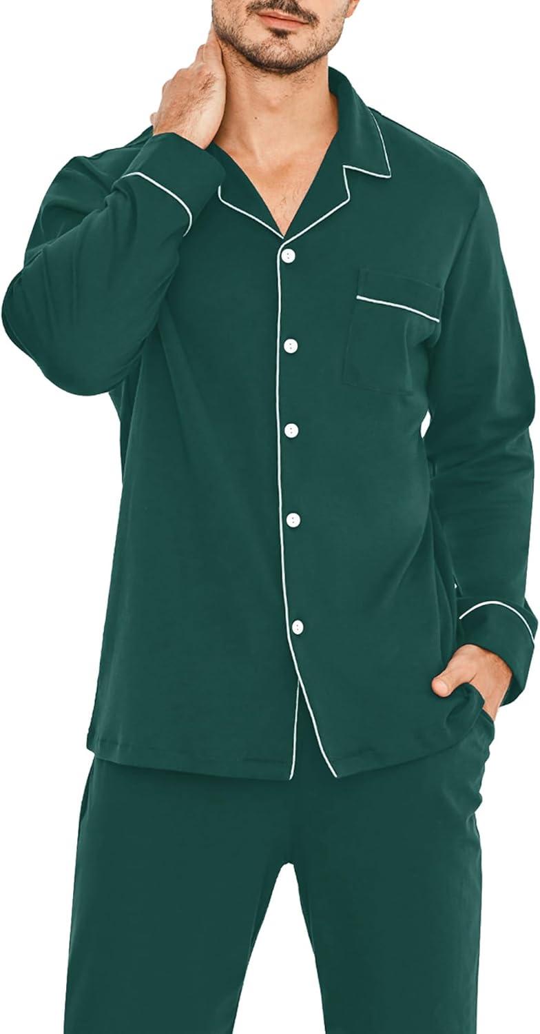 imageSWOMOG Men Pajamas Set Comfy Modal Pjs Button Down Sleepwear 2 Piece Long Sleeve Lounge Set Soft Nightwear with PocketsGreen