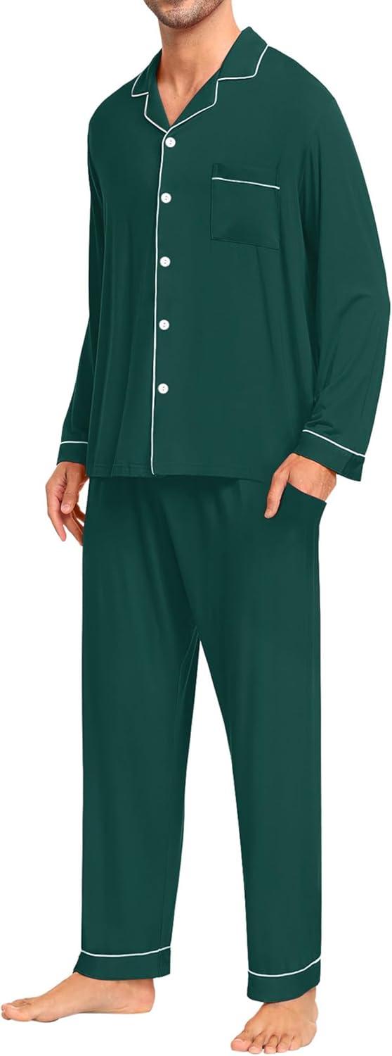 imageSWOMOG Men Pajamas Set Comfy Modal Pjs Button Down Sleepwear 2 Piece Long Sleeve Lounge Set Soft Nightwear with PocketsGreen