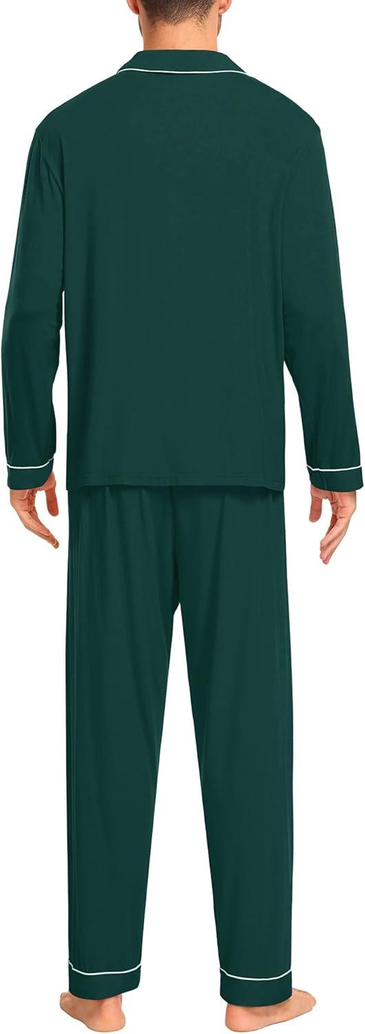 imageSWOMOG Men Pajamas Set Comfy Modal Pjs Button Down Sleepwear 2 Piece Long Sleeve Lounge Set Soft Nightwear with PocketsGreen