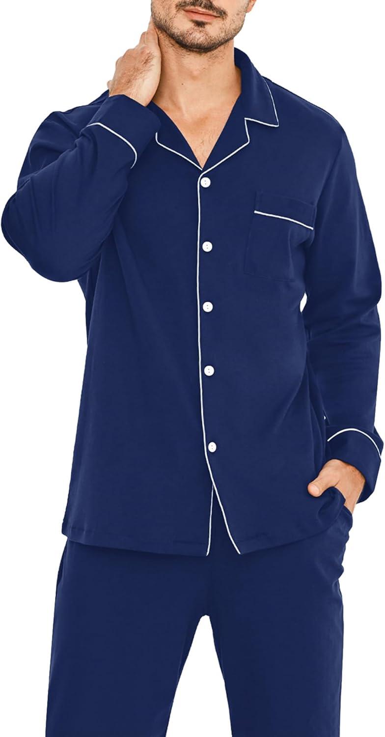 imageSWOMOG Men Pajamas Set Comfy Modal Pjs Button Down Sleepwear 2 Piece Long Sleeve Lounge Set Soft Nightwear with PocketsNavy Blue