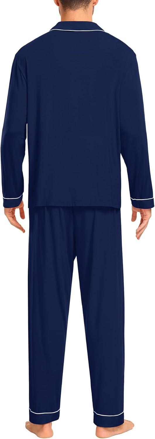 imageSWOMOG Men Pajamas Set Comfy Modal Pjs Button Down Sleepwear 2 Piece Long Sleeve Lounge Set Soft Nightwear with PocketsNavy Blue