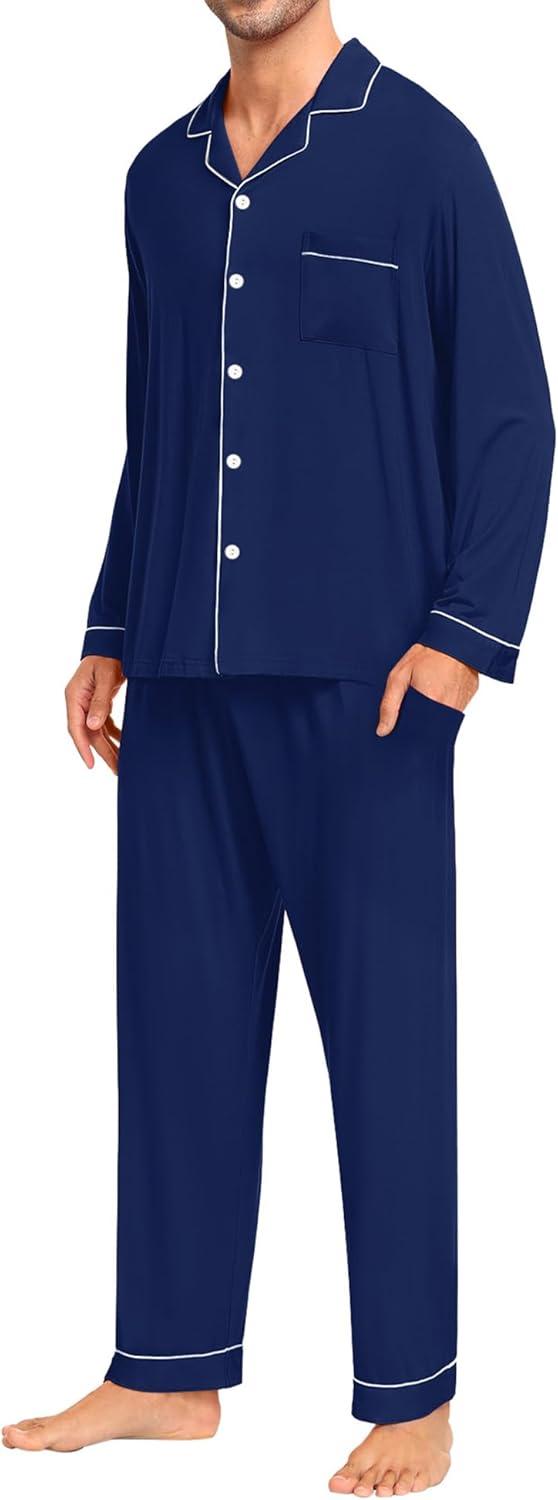 imageSWOMOG Men Pajamas Set Comfy Modal Pjs Button Down Sleepwear 2 Piece Long Sleeve Lounge Set Soft Nightwear with PocketsNavy Blue