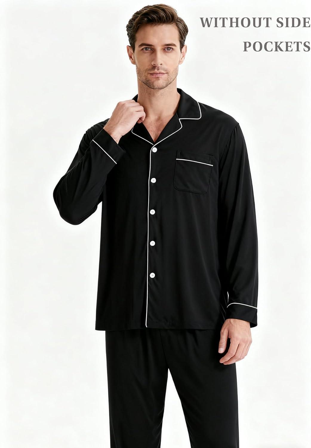 imageSWOMOG Men Pajamas Set Comfy Modal Pjs Button Down Sleepwear 2 Piece Long Sleeve Lounge Set Soft Nightwear with PocketsNopockets Black
