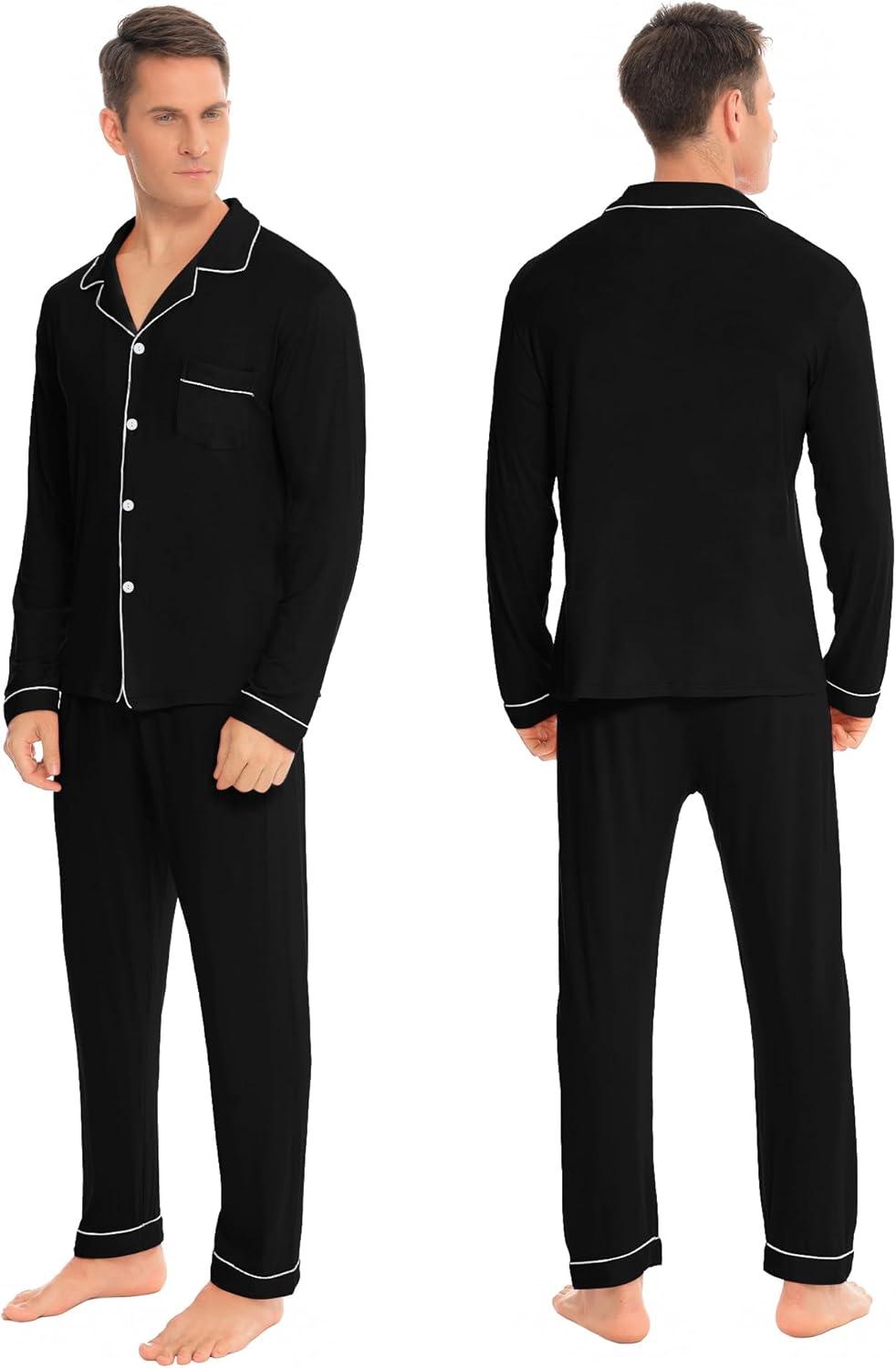 imageSWOMOG Men Pajamas Set Comfy Modal Pjs Button Down Sleepwear 2 Piece Long Sleeve Lounge Set Soft Nightwear with PocketsNopockets Black