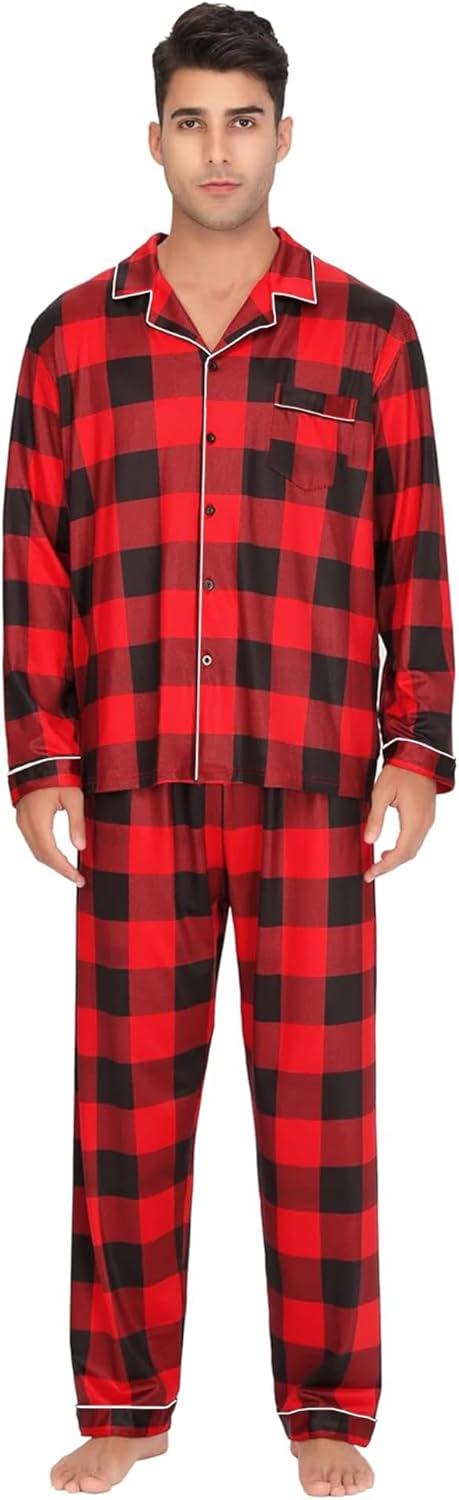 imageSWOMOG Men Pajamas Set Comfy Modal Pjs Button Down Sleepwear 2 Piece Long Sleeve Lounge Set Soft Nightwear with PocketsRed Buffalo Plaid