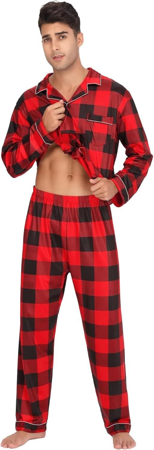 imageSWOMOG Men Pajamas Set Comfy Modal Pjs Button Down Sleepwear 2 Piece Long Sleeve Lounge Set Soft Nightwear with PocketsRed Buffalo Plaid