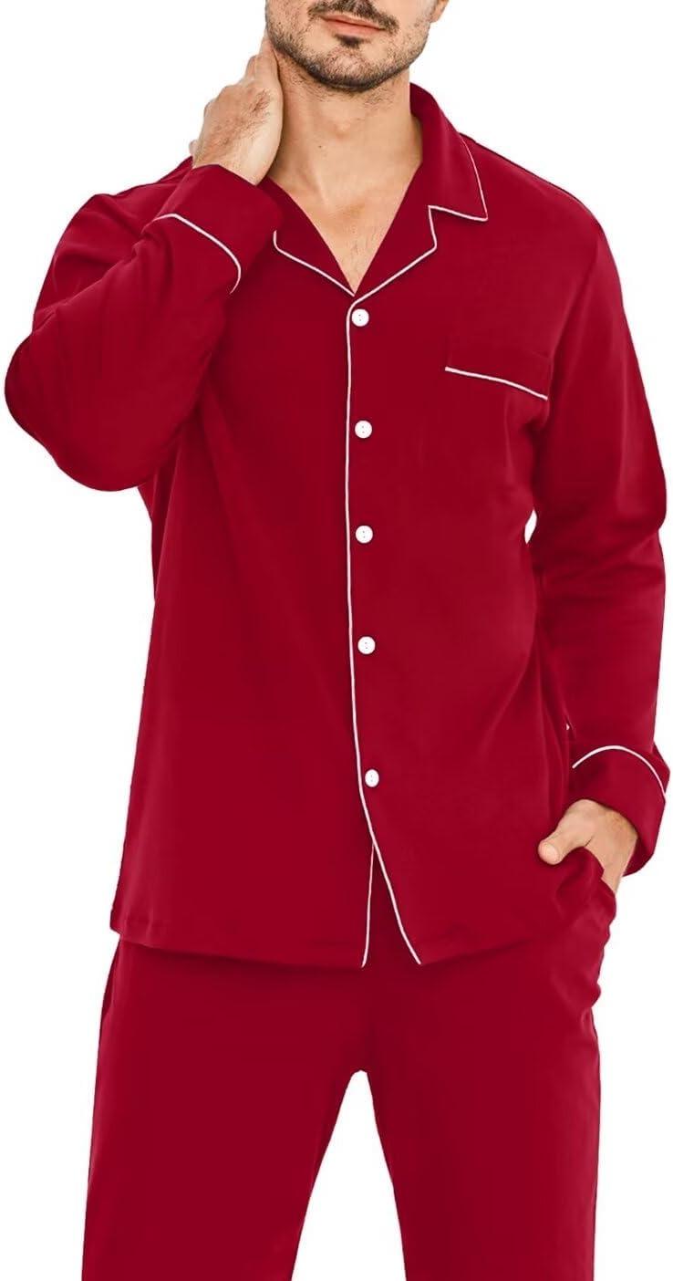 imageSWOMOG Men Pajamas Set Comfy Modal Pjs Button Down Sleepwear 2 Piece Long Sleeve Lounge Set Soft Nightwear with PocketsWine Red