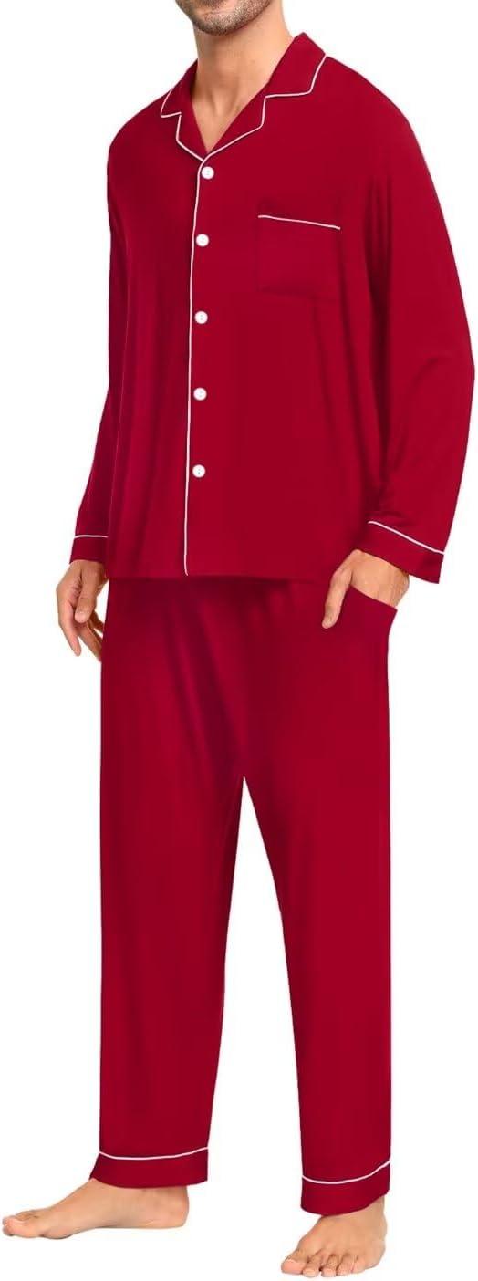 imageSWOMOG Men Pajamas Set Comfy Modal Pjs Button Down Sleepwear 2 Piece Long Sleeve Lounge Set Soft Nightwear with PocketsWine Red