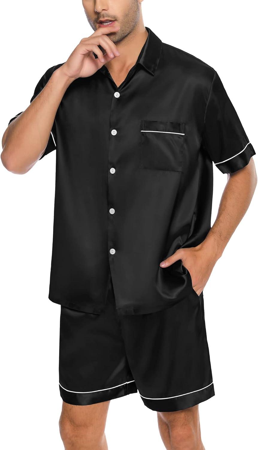 imageSWOMOG Men Silk Satin Pajamas Short Sleeve Pjs Set Button Down Sleepwear Soft Lounge Set Nightwear with PocketsBlack
