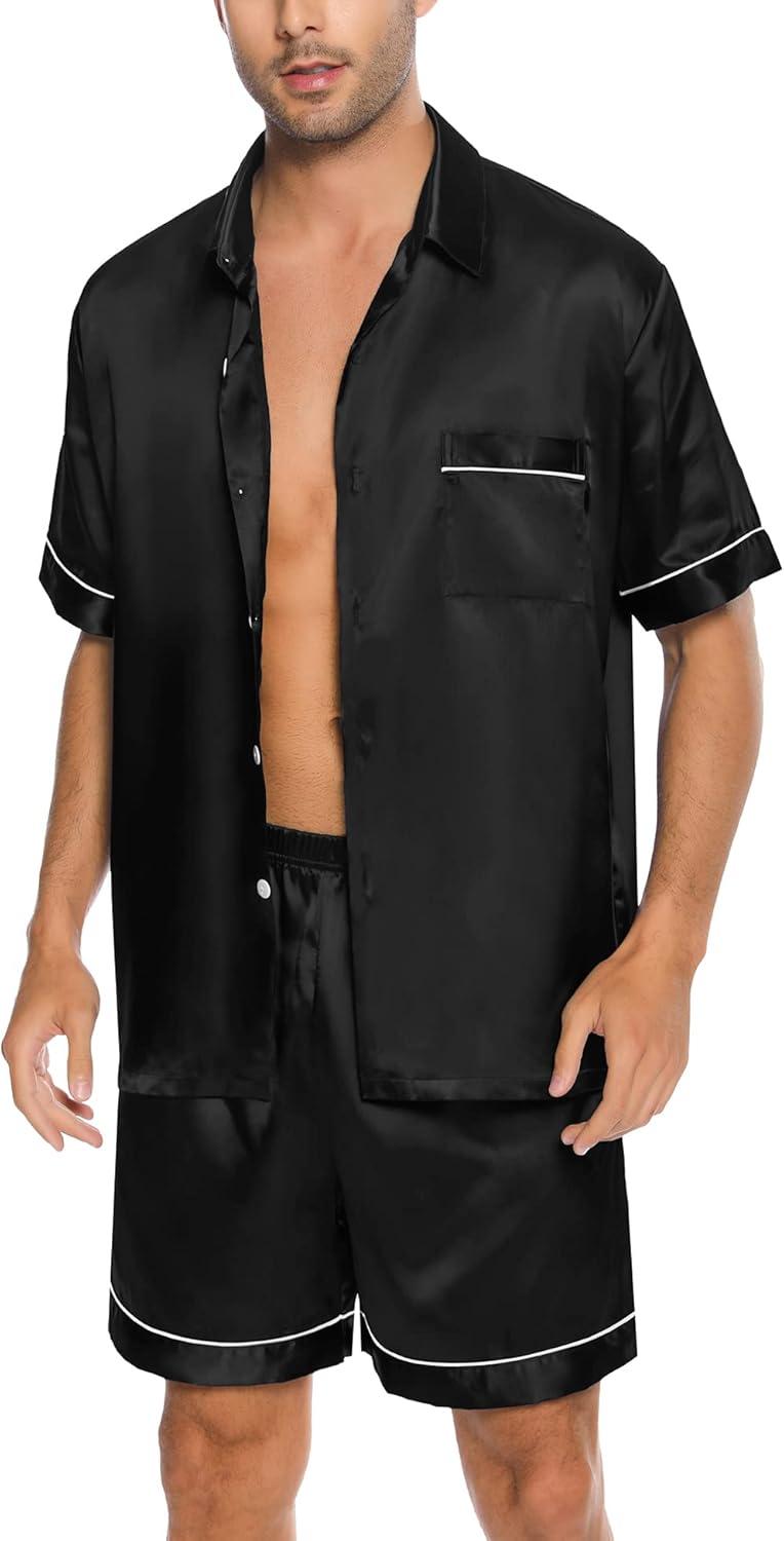 imageSWOMOG Men Silk Satin Pajamas Short Sleeve Pjs Set Button Down Sleepwear Soft Lounge Set Nightwear with PocketsBlack