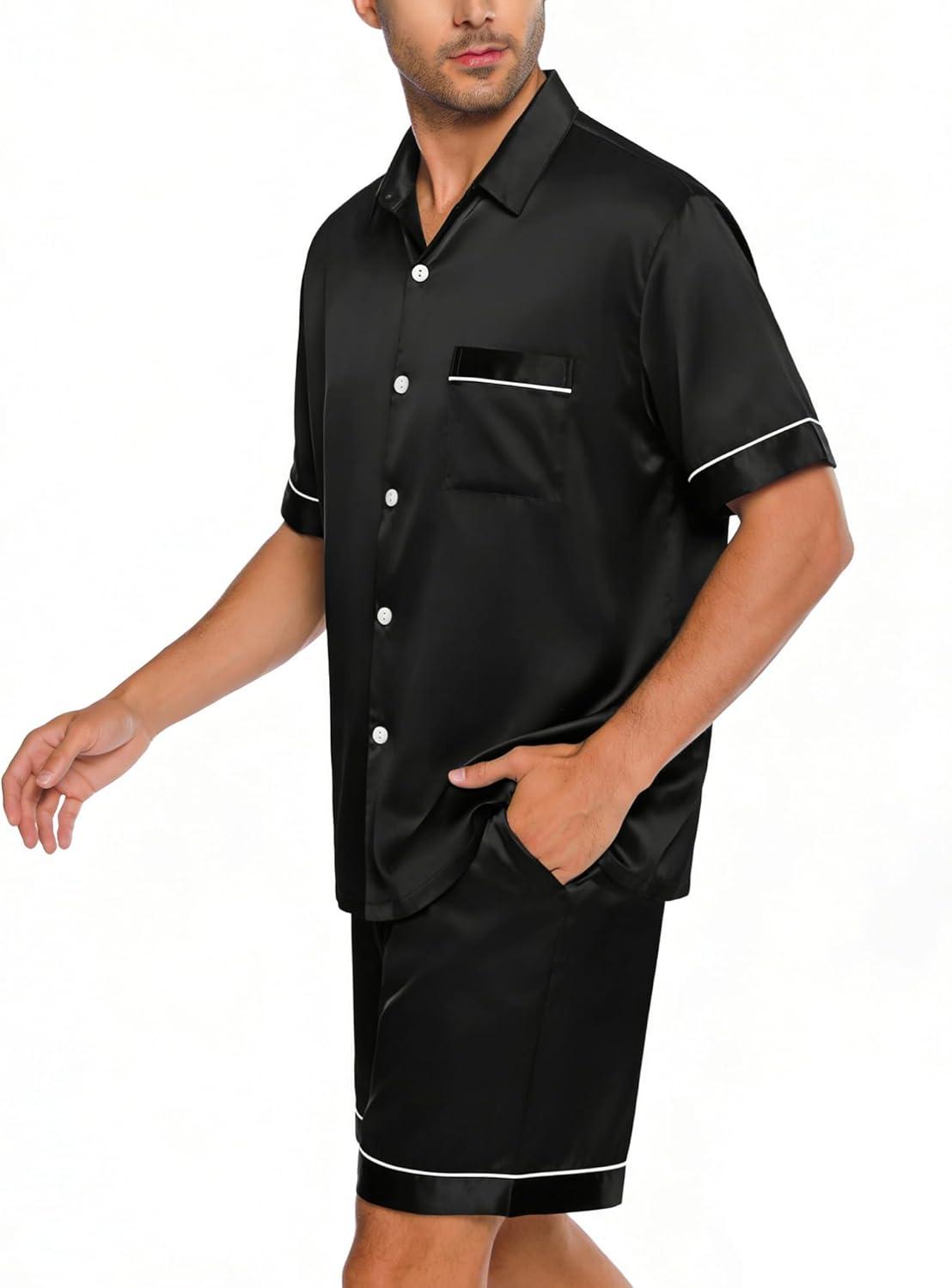 imageSWOMOG Men Silk Satin Pajamas Short Sleeve Pjs Set Button Down Sleepwear Soft Lounge Set Nightwear with PocketsBlack